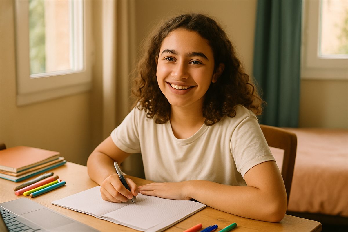 Une adolescente souriante à son bureau, stylo en main, sereine face à son travail