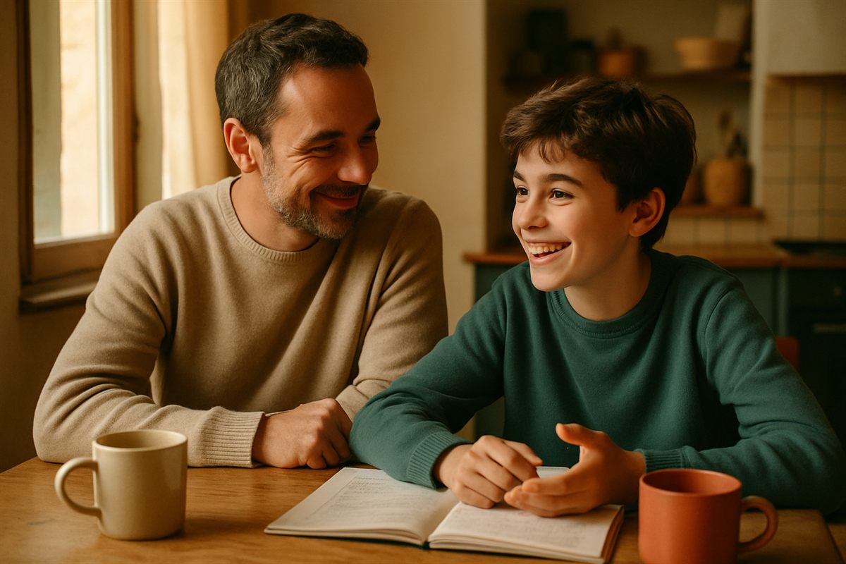 Un père et son fils souriants, penchés ensemble sur un cahier